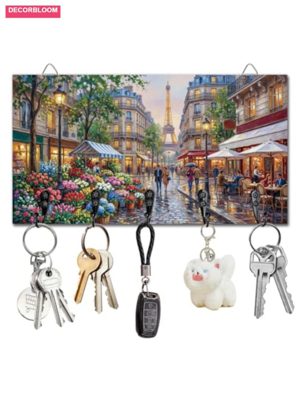 Wooden Key Holder Wall Mounted 5 Hooks Paris Street Flower Organizer